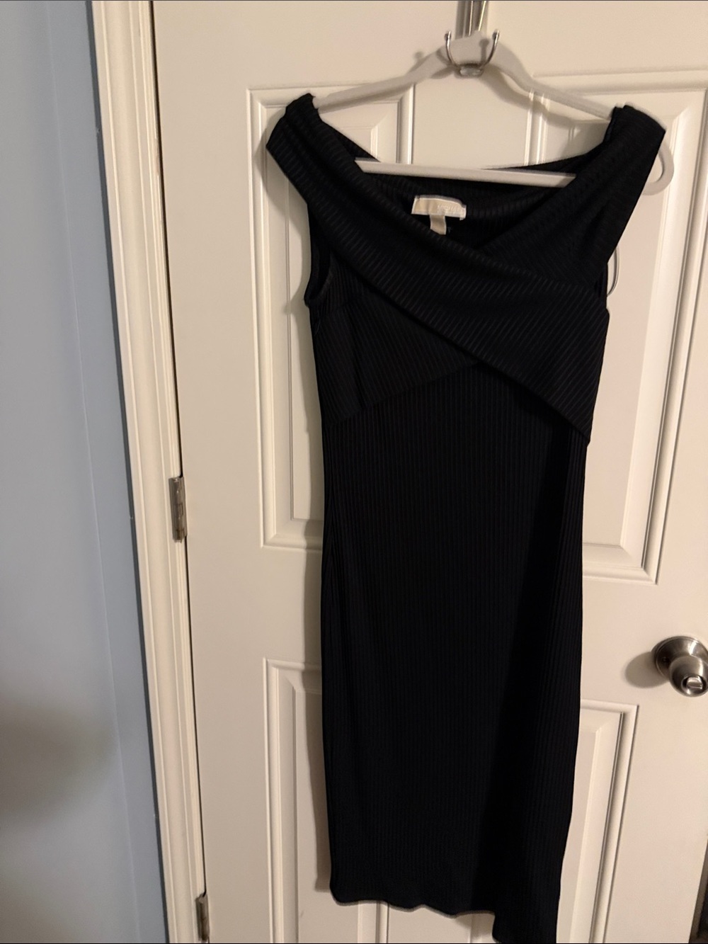 MICHAEL Michael Kors Black Off-Shoulder Ribbed Midi Dress